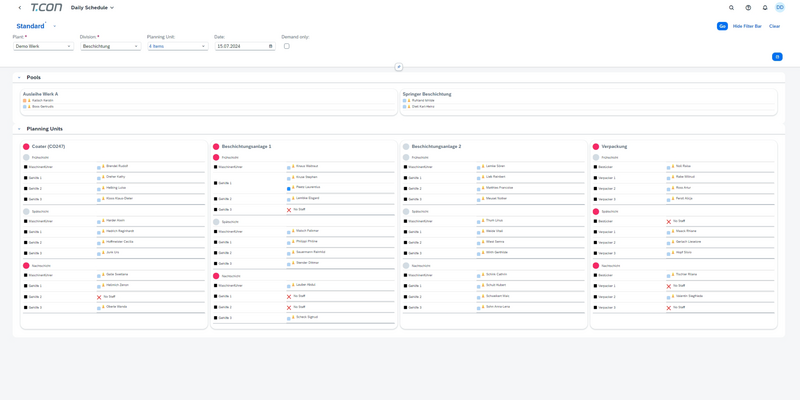 Tägliche Planungsübersicht samt Mitarbeiter-Ausleih-Pool